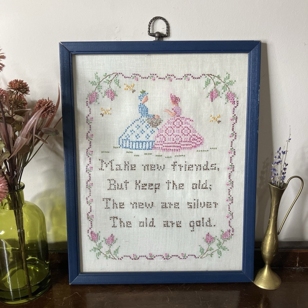 Vintage Framed Cross Stitch Sampler Make New Friends Poem Victorian Women